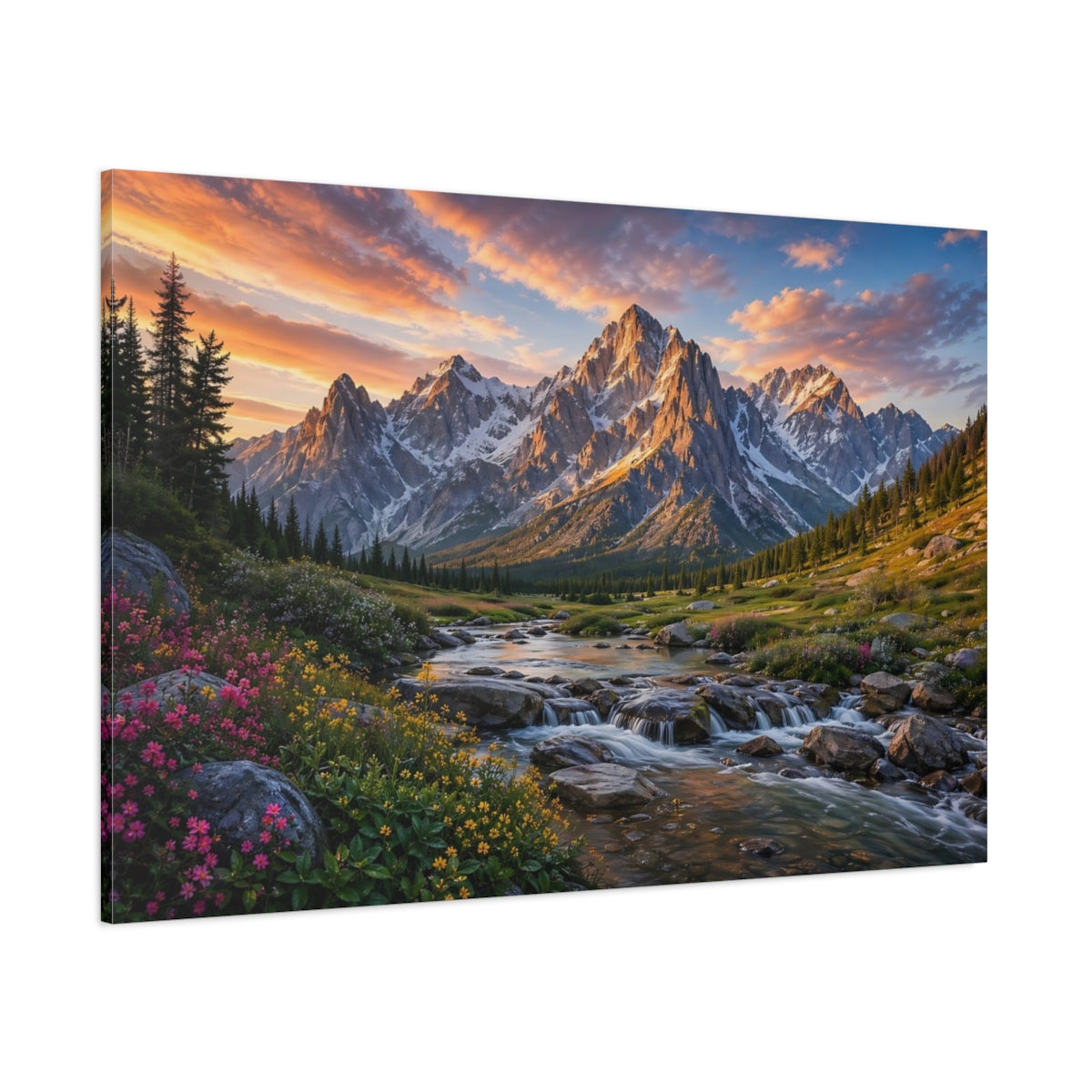 Side Mockup 1. Nature Mountain River Mountain Sunset shown as stretched canvas wall art