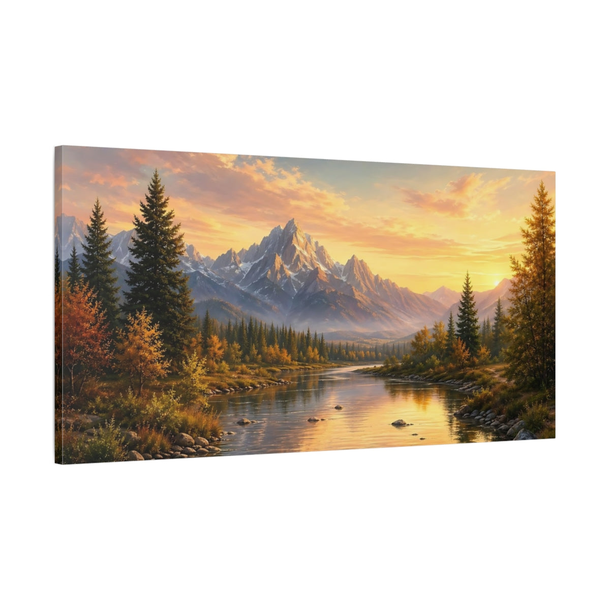 Main Mockup. Nature Mountain River Sunset Landscape shown as stretched canvas wall art