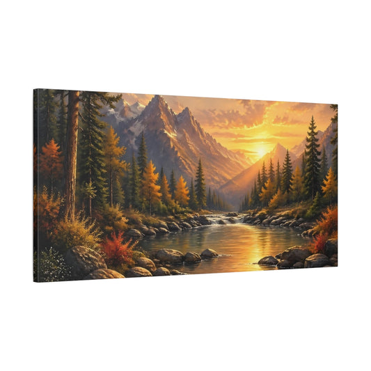 Main Mockup. Nature Mountain River Sunset Landscape shown as stretched canvas wall art