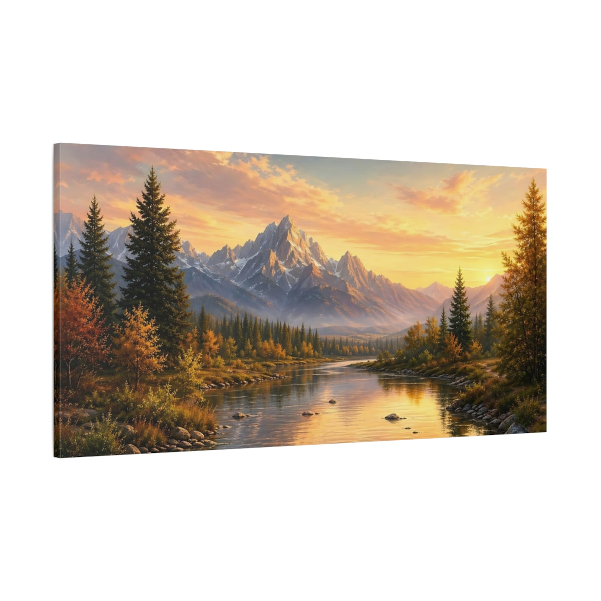 Side Mockup 2. Nature Mountain River Sunset Landscape shown as stretched canvas wall art