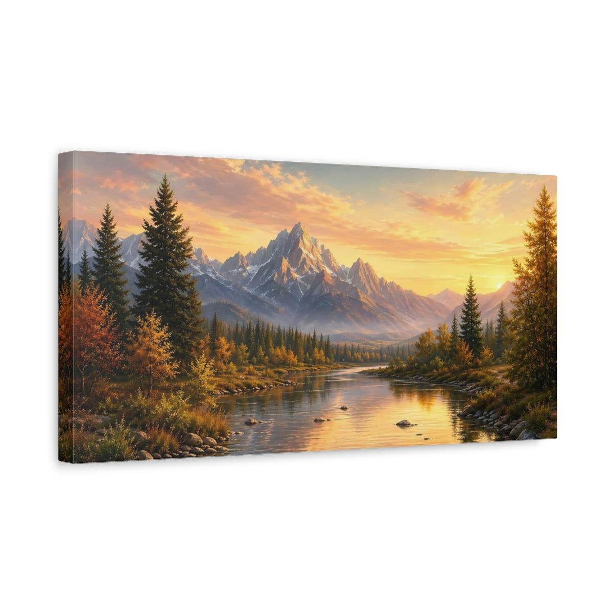 Side Mockup 3. Nature Mountain River Sunset Landscape shown as stretched canvas wall art