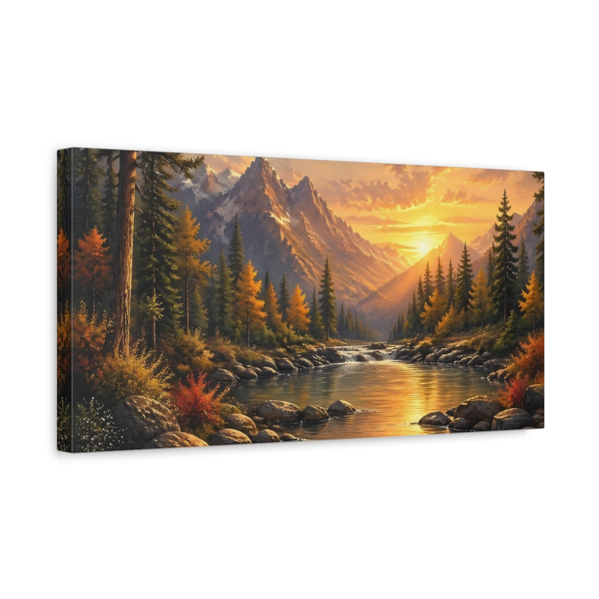 Side Mockup 3. Nature Mountain River Sunset Landscape shown as stretched canvas wall art