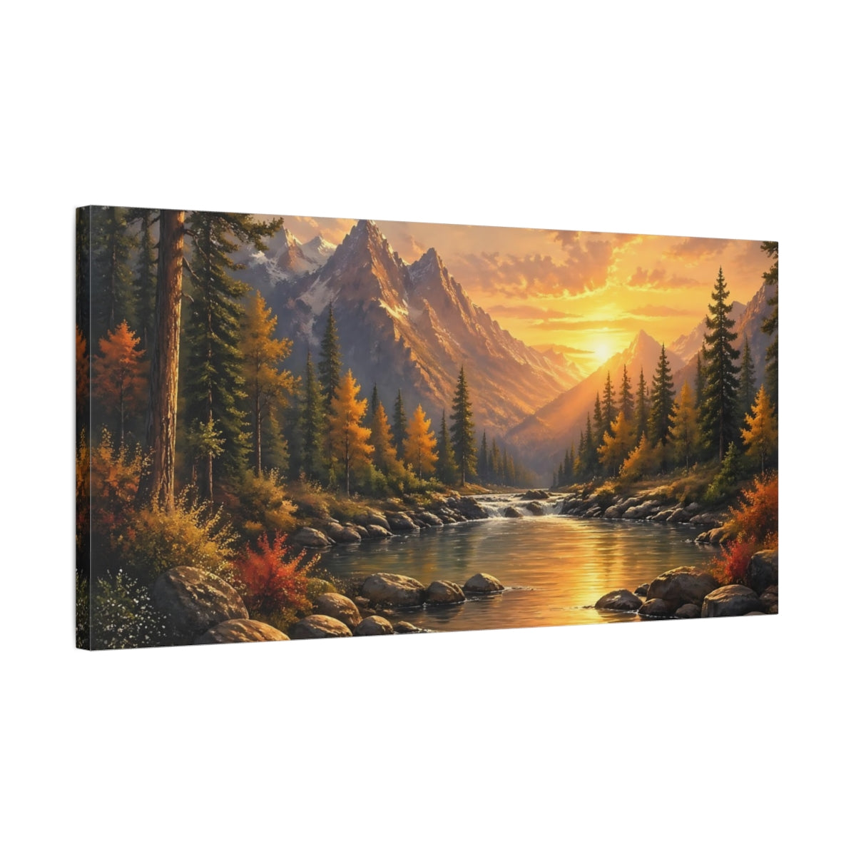 Side Mockup 1. Nature Mountain River Sunset Landscape shown as stretched canvas wall art