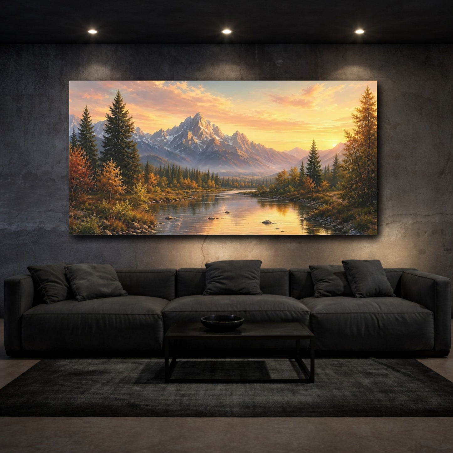 Mockup 2. Nature Mountain River Sunset Landscape shown as stretched canvas wall art