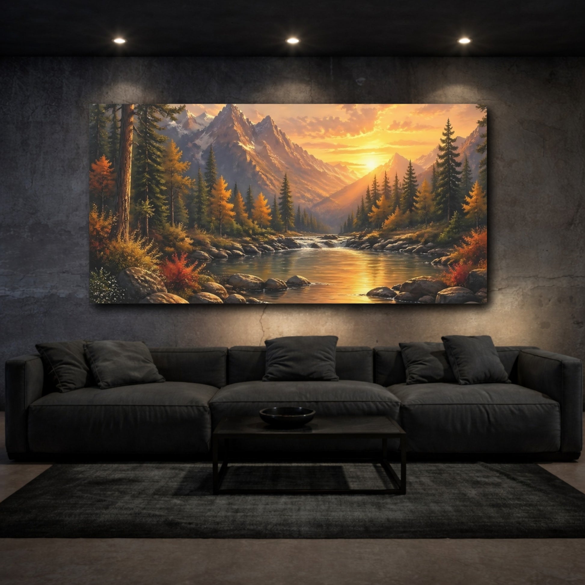 Mockup 2. Nature Mountain River Sunset Landscape shown as stretched canvas wall art