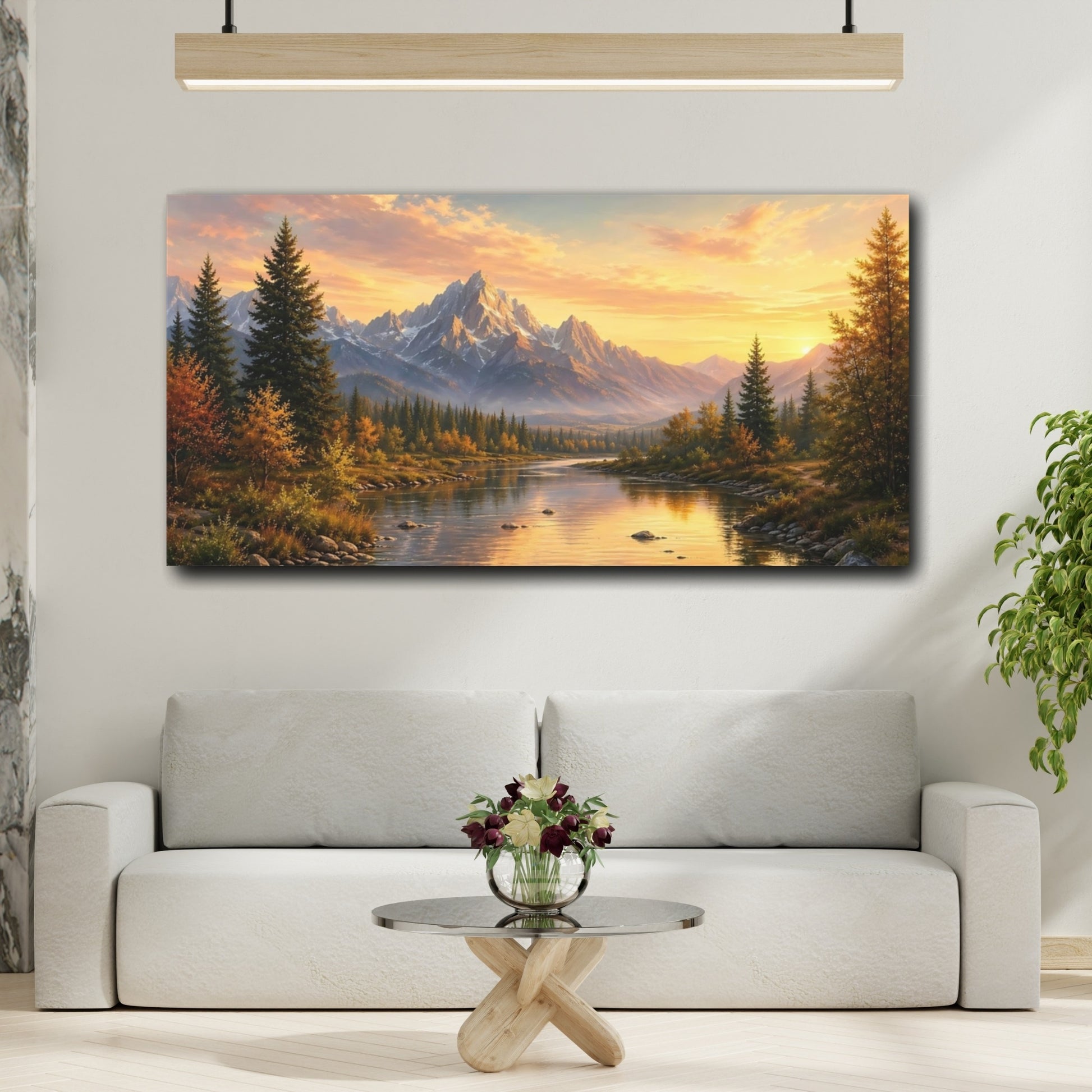 Mockup 3. Nature Mountain River Sunset Landscape shown as stretched canvas wall art