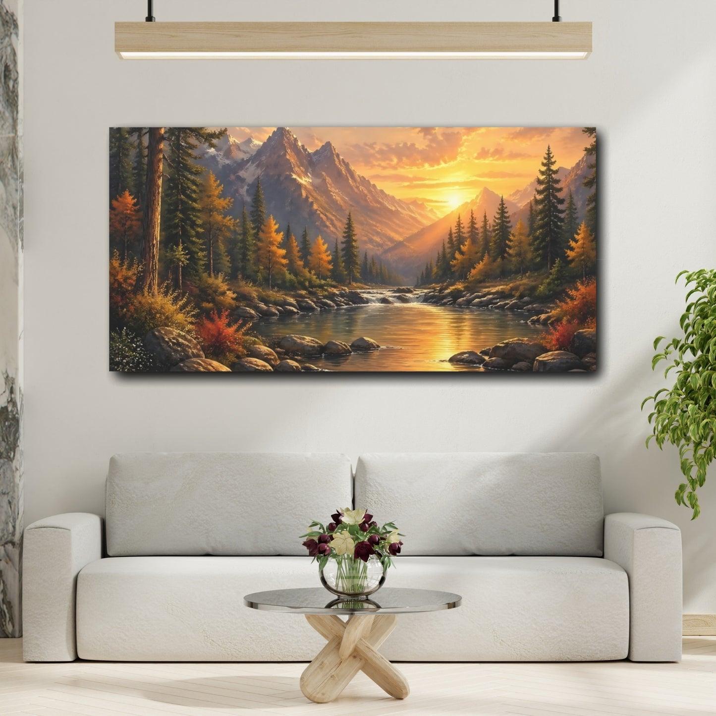 Mockup 3. Nature Mountain River Sunset Landscape shown as stretched canvas wall art