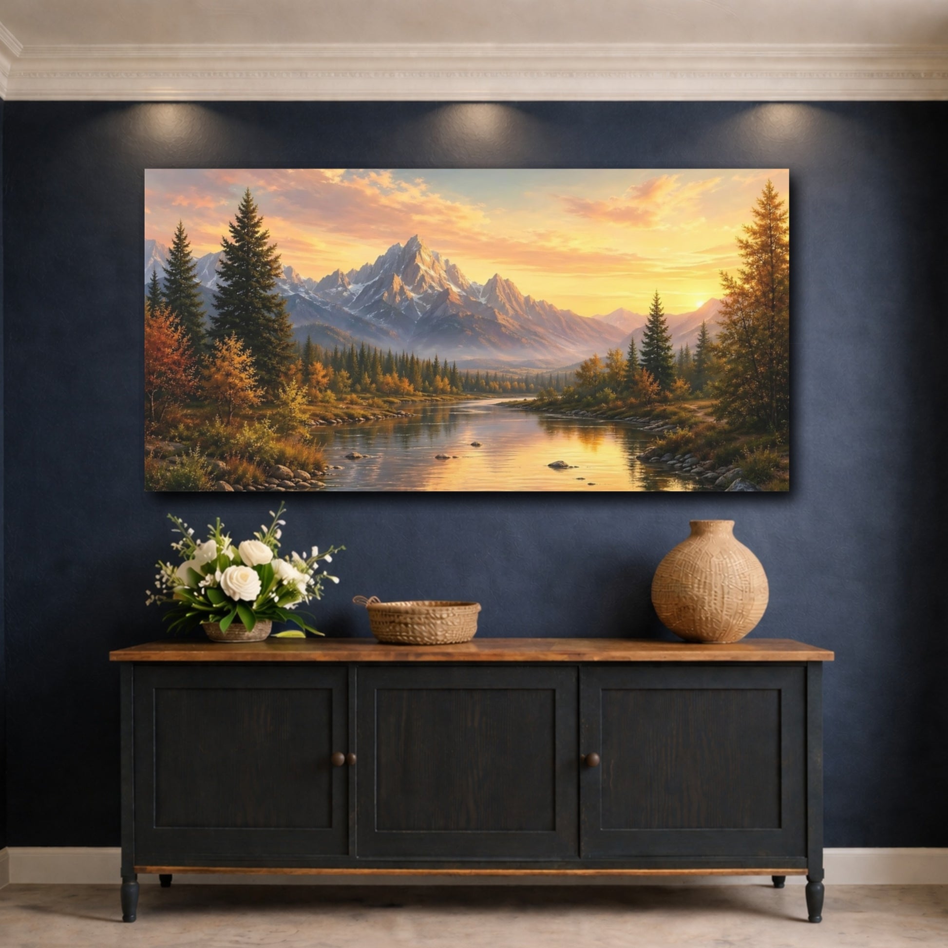 Mockup 4. Nature Mountain River Sunset Landscape shown as stretched canvas wall art