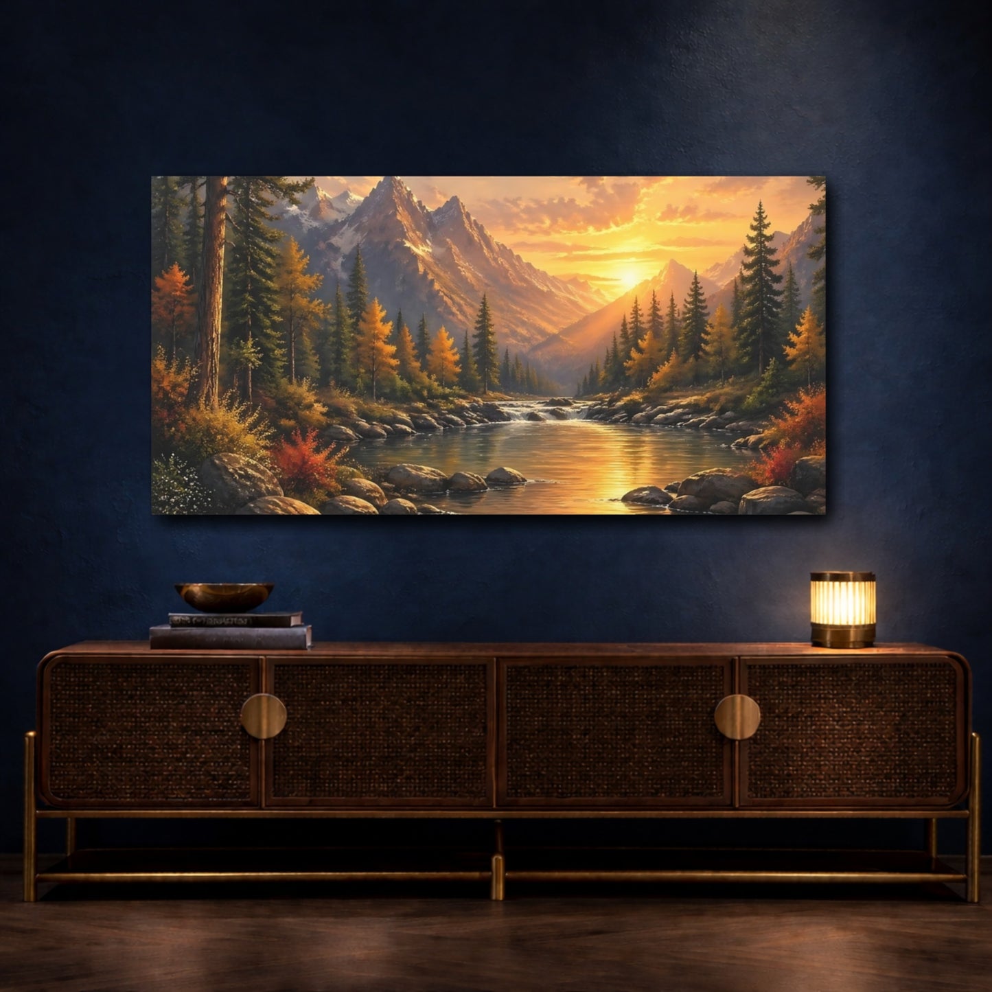 Mockup 4. Nature Mountain River Sunset Landscape shown as stretched canvas wall art