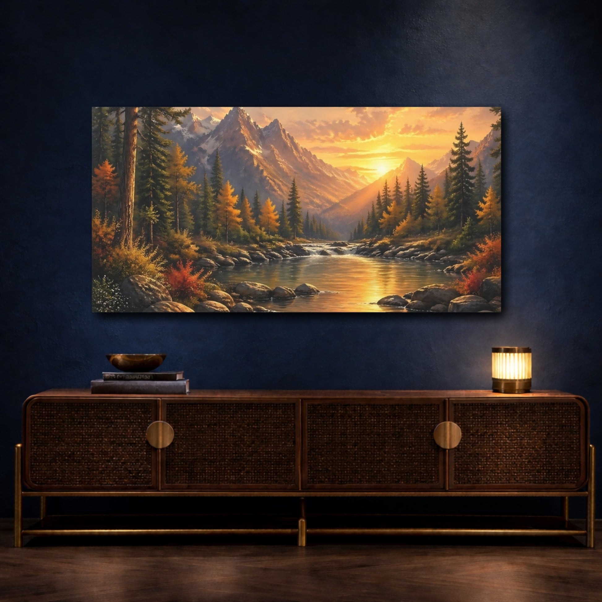 Mockup 4. Nature Mountain River Sunset Landscape shown as stretched canvas wall art