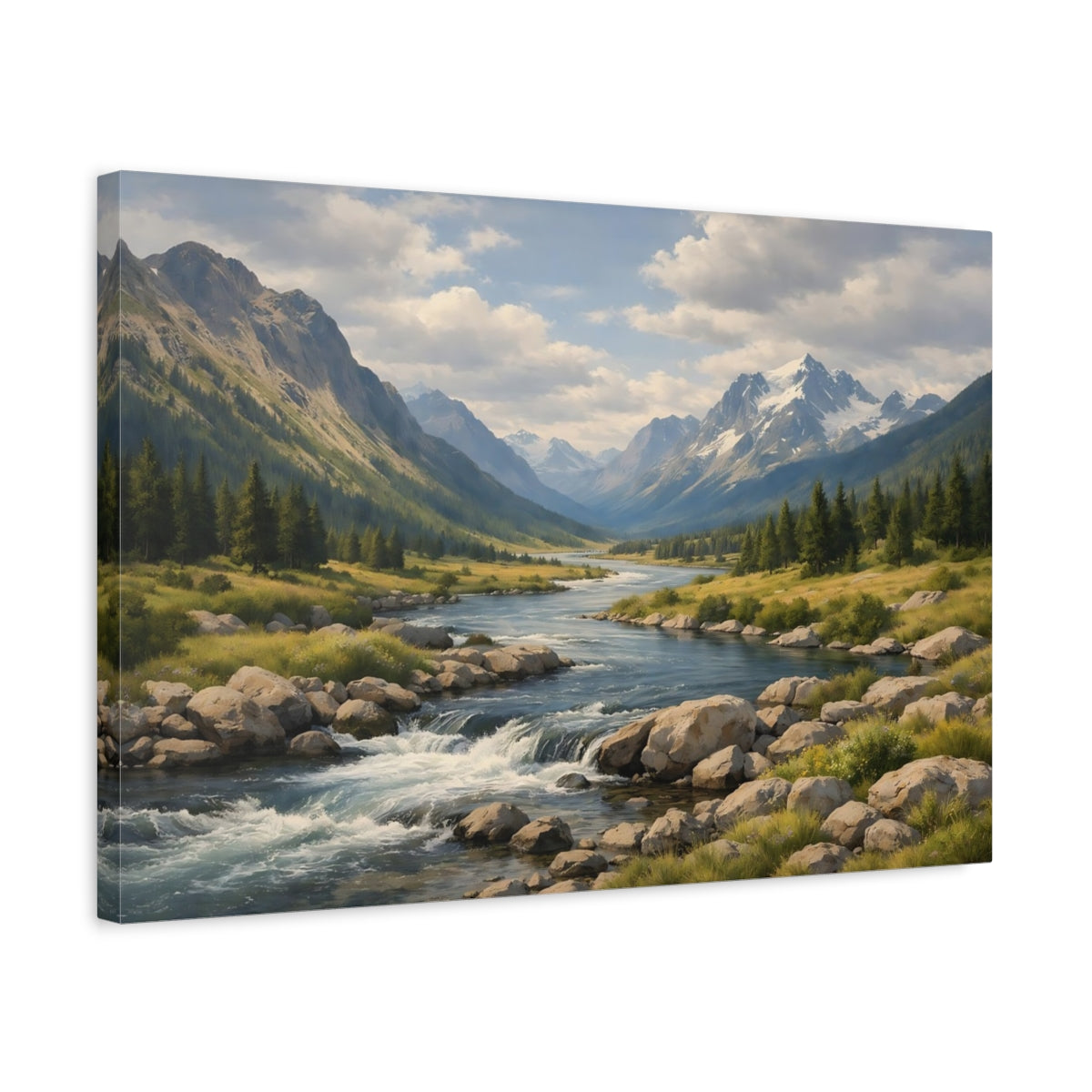 Side Mockup 3. Nature Mountain River Mountain Valley Landscape shown as stretched canvas wall art