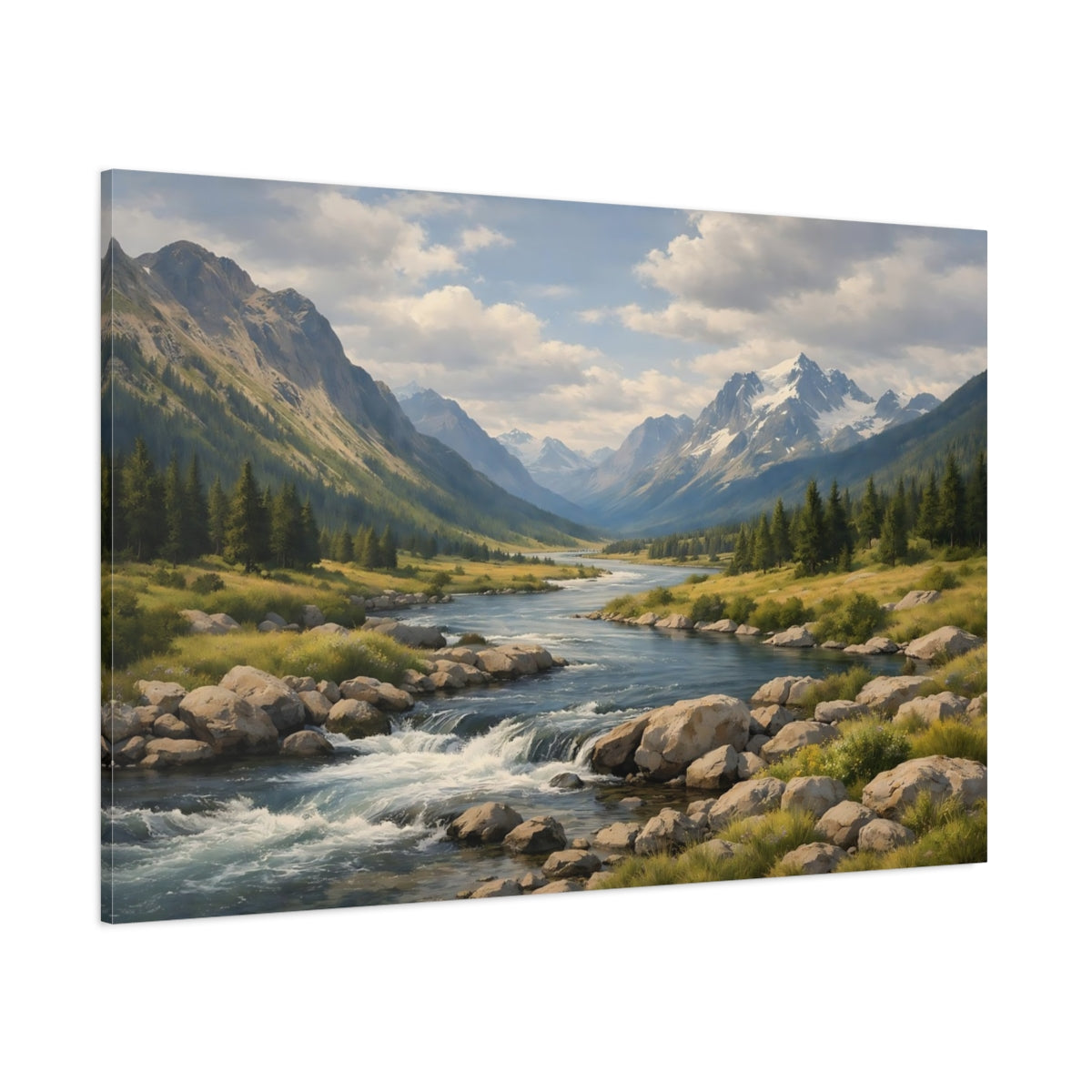 Side Mockup 1. Nature Mountain River Mountain Valley Landscape shown as stretched canvas wall art