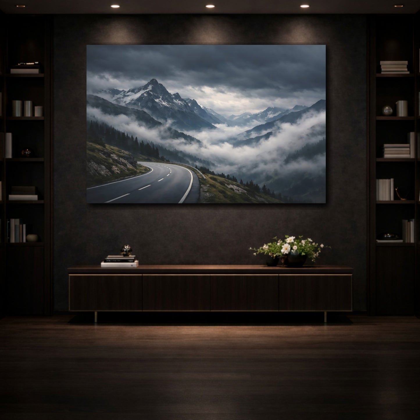 Mockup 3. Nature Mountain Road Grey Mountain Landscape shown as stretched canvas wall art