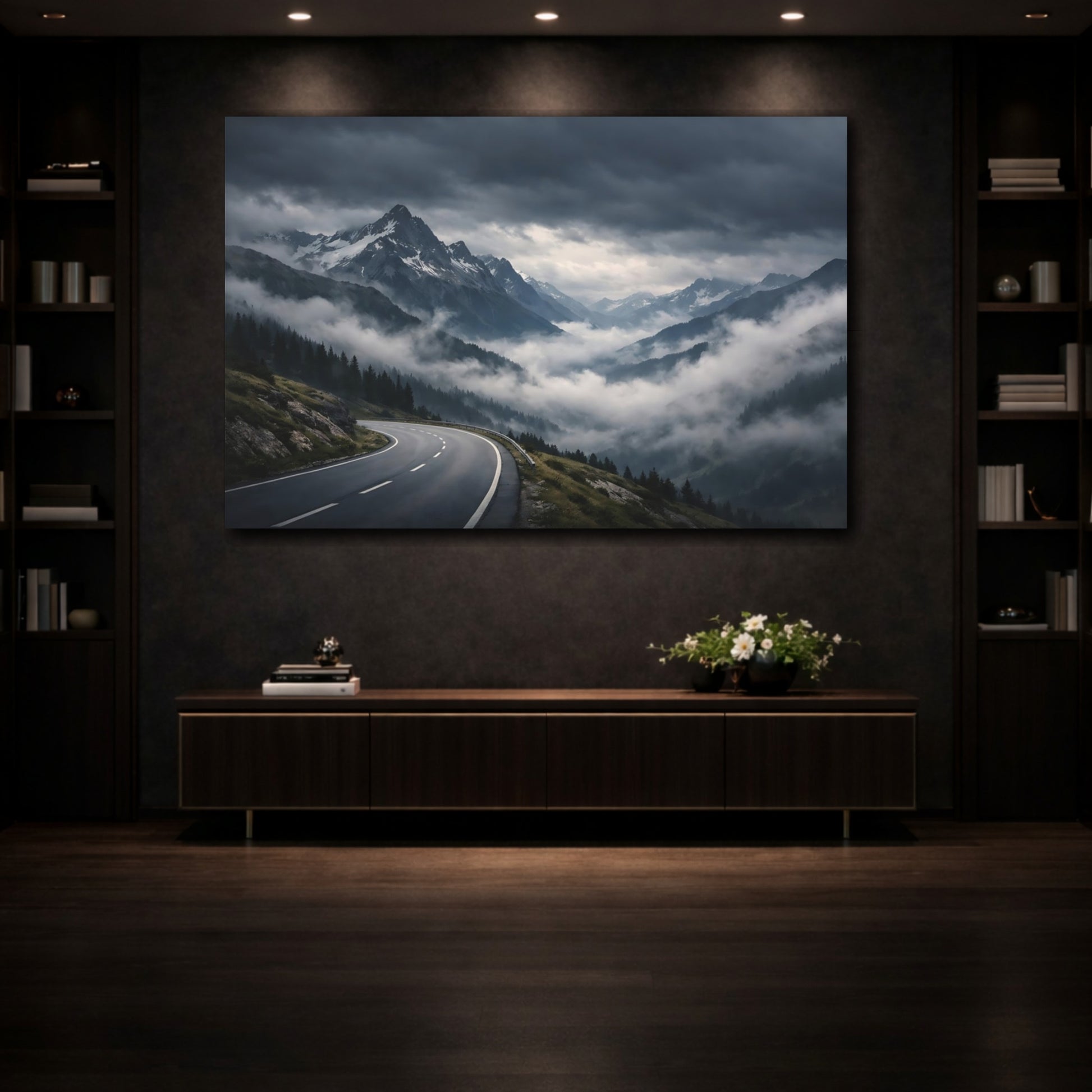 Mockup 3. Nature Mountain Road Grey Mountain Landscape shown as stretched canvas wall art