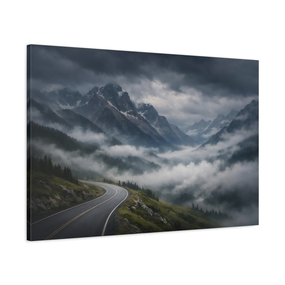 Main Mockup. Nature Mountain Road Misty Mountain Road shown as stretched canvas wall art