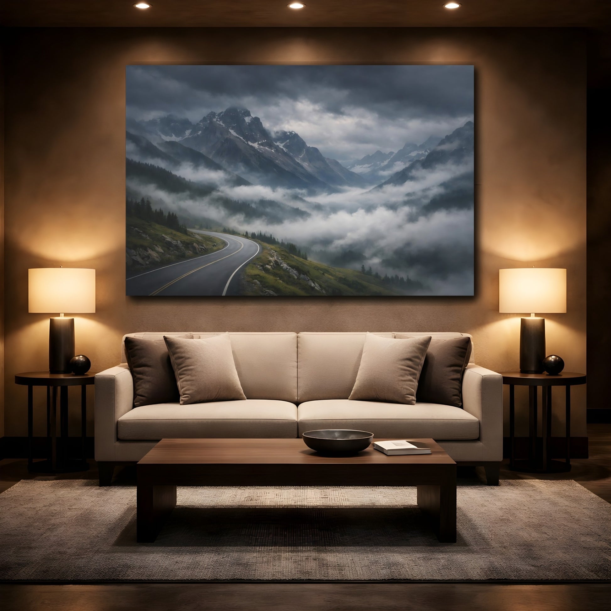 Mockup 2. Nature Mountain Road Misty Mountain Road shown as stretched canvas wall art