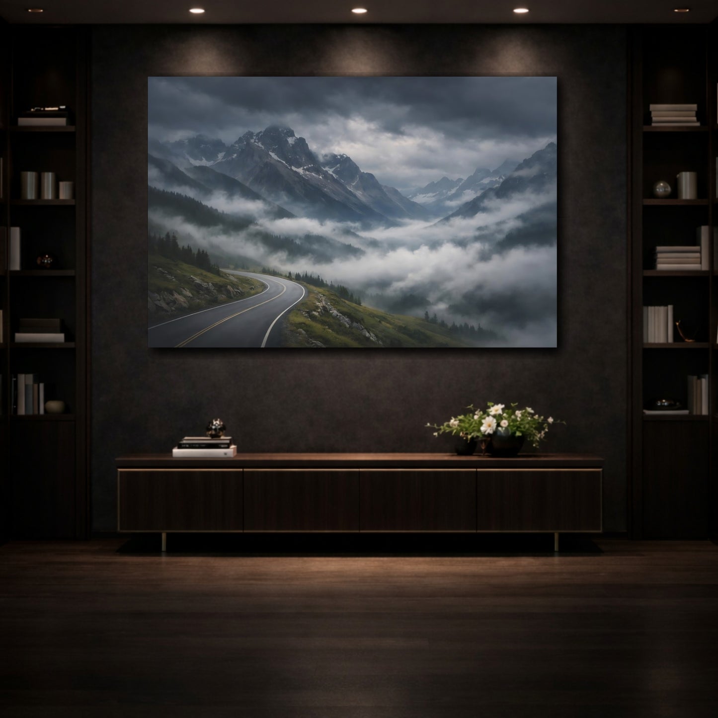 Mockup 3. Nature Mountain Road Misty Mountain Road shown as stretched canvas wall art