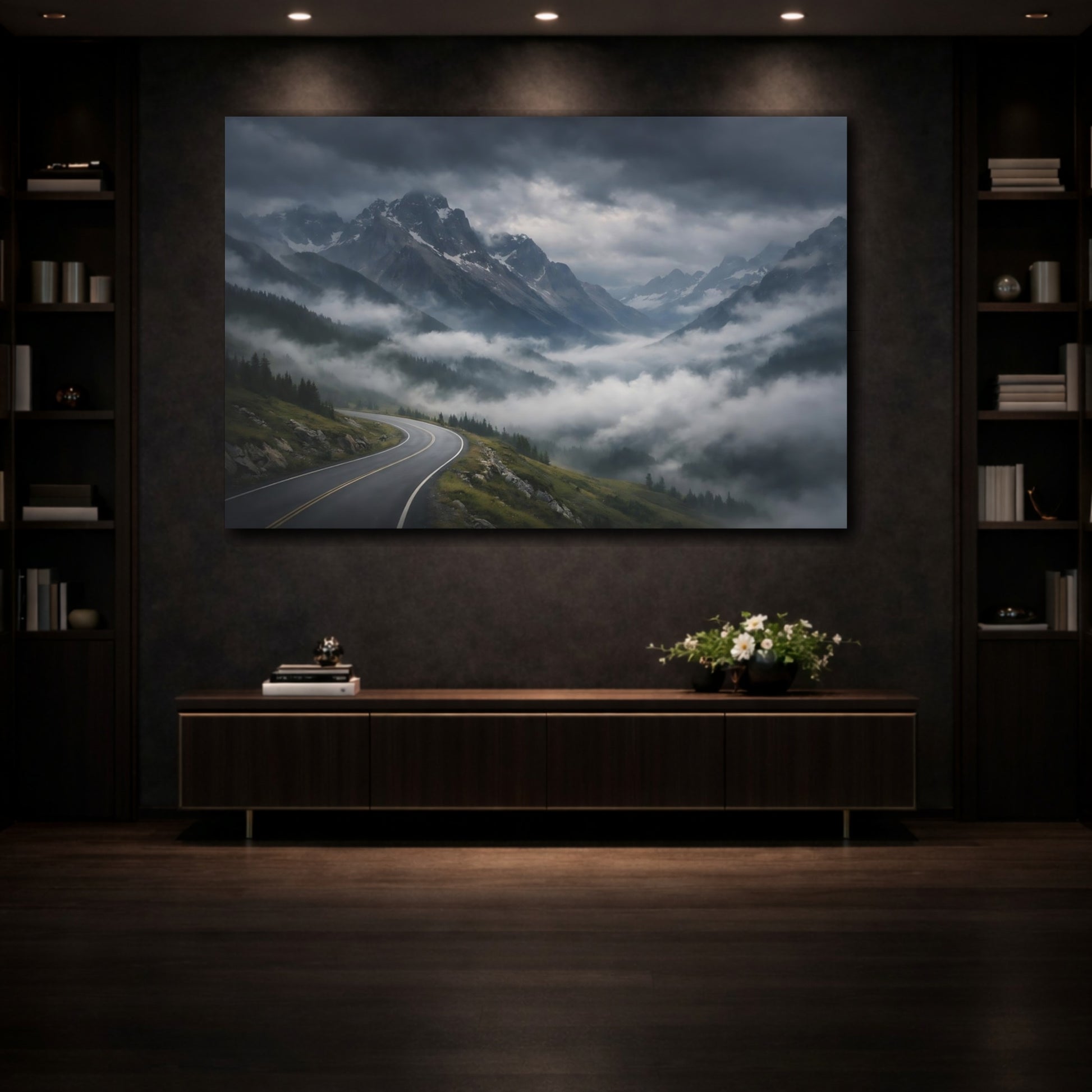 Mockup 3. Nature Mountain Road Misty Mountain Road shown as stretched canvas wall art