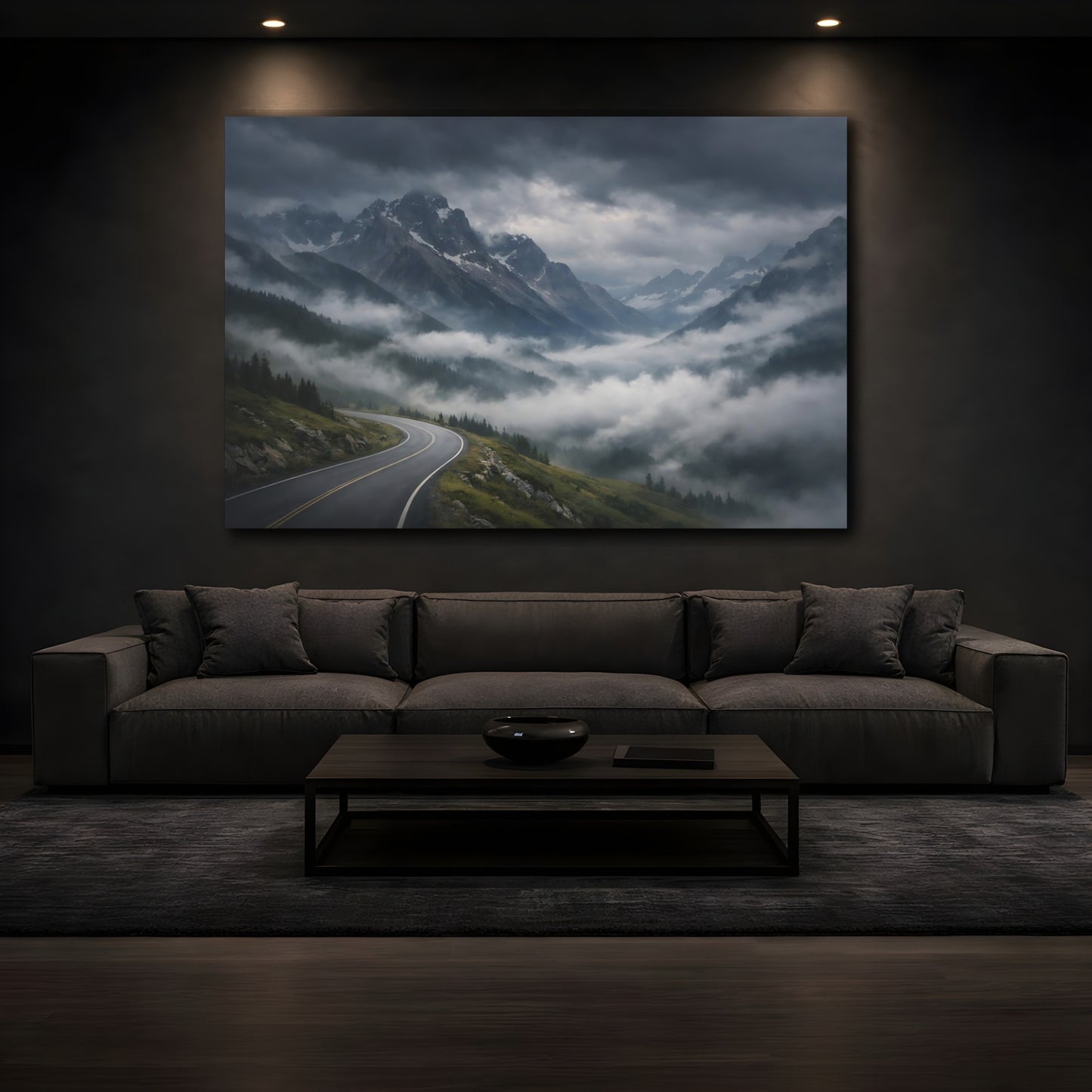 Mockup 4. Nature Mountain Road Misty Mountain Road shown as stretched canvas wall art
