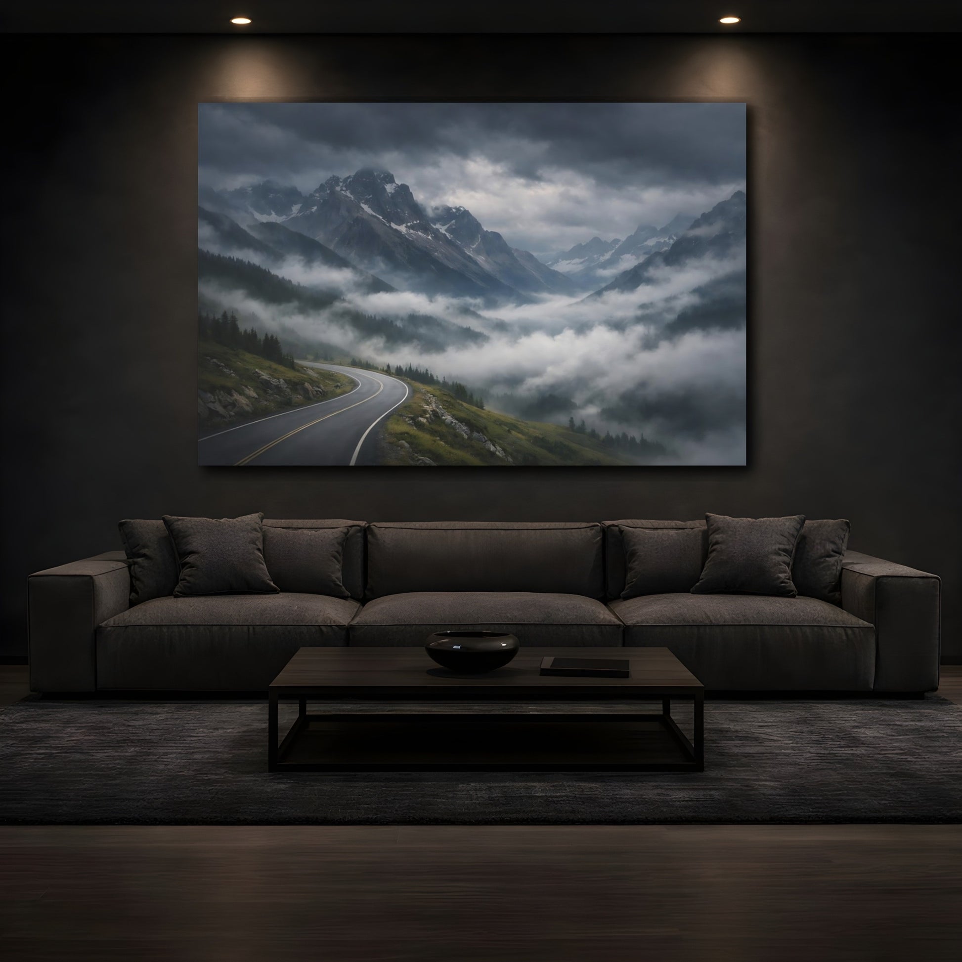 Mockup 4. Nature Mountain Road Misty Mountain Road shown as stretched canvas wall art