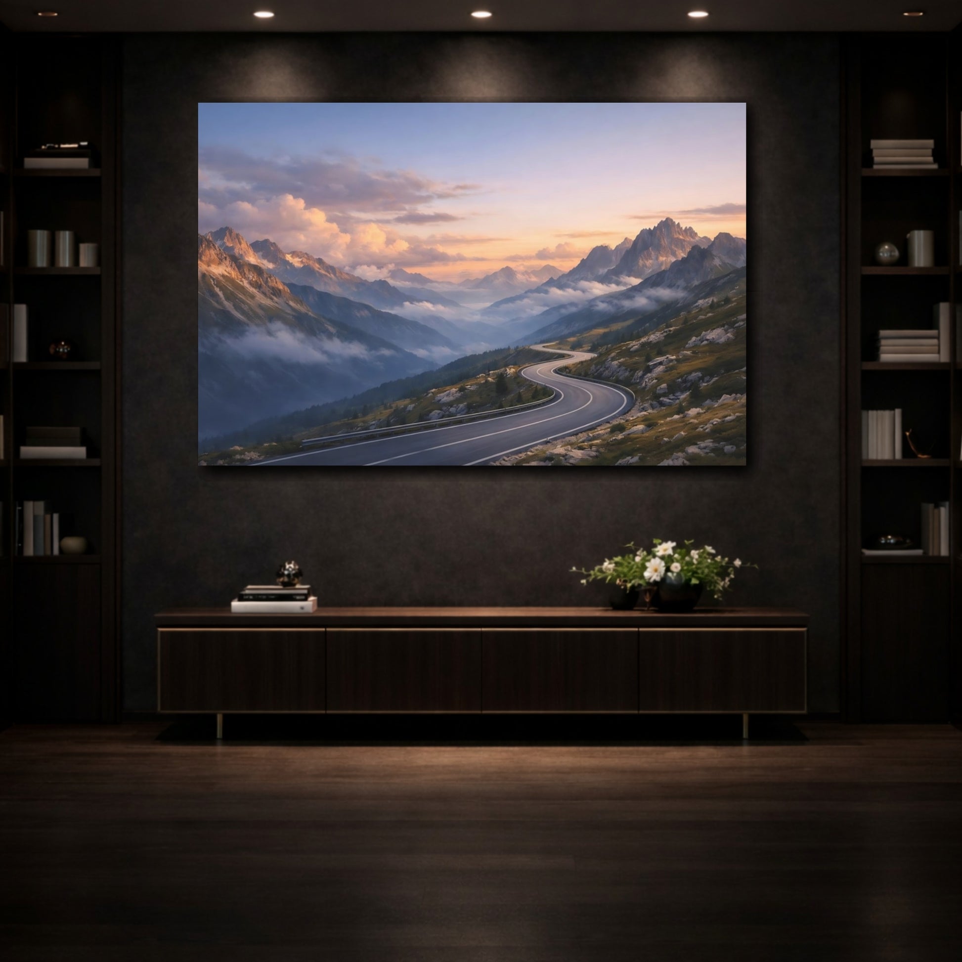 Mockup 3. Nature Mountain Road Mountain Road Sunset shown as stretched canvas wall art