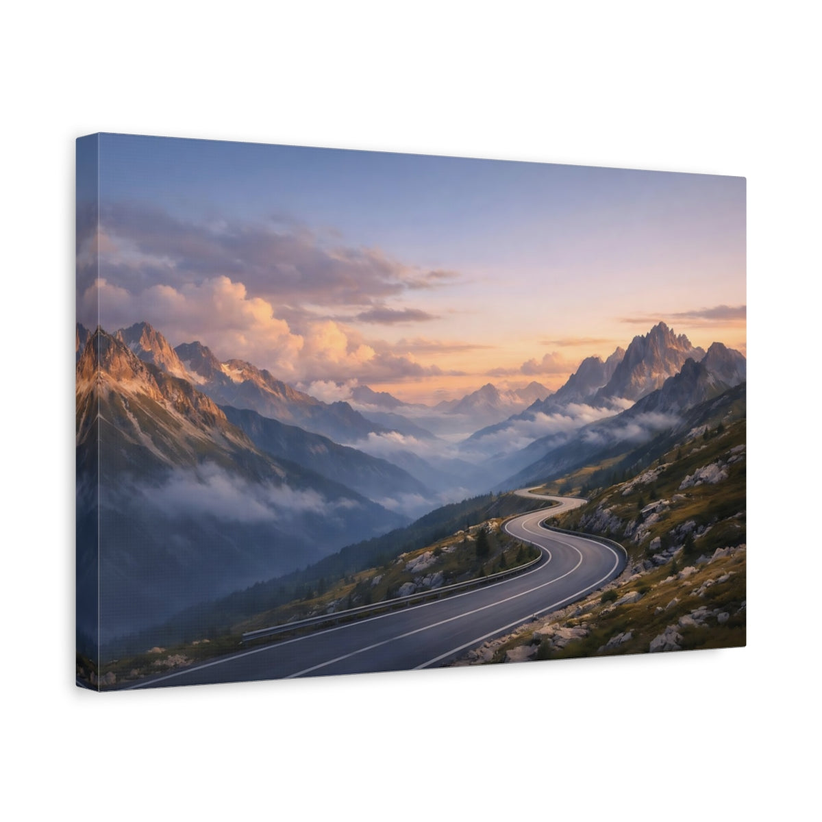 Side Mockup 4. Nature Mountain Road Mountain Road Sunset shown as stretched canvas wall art