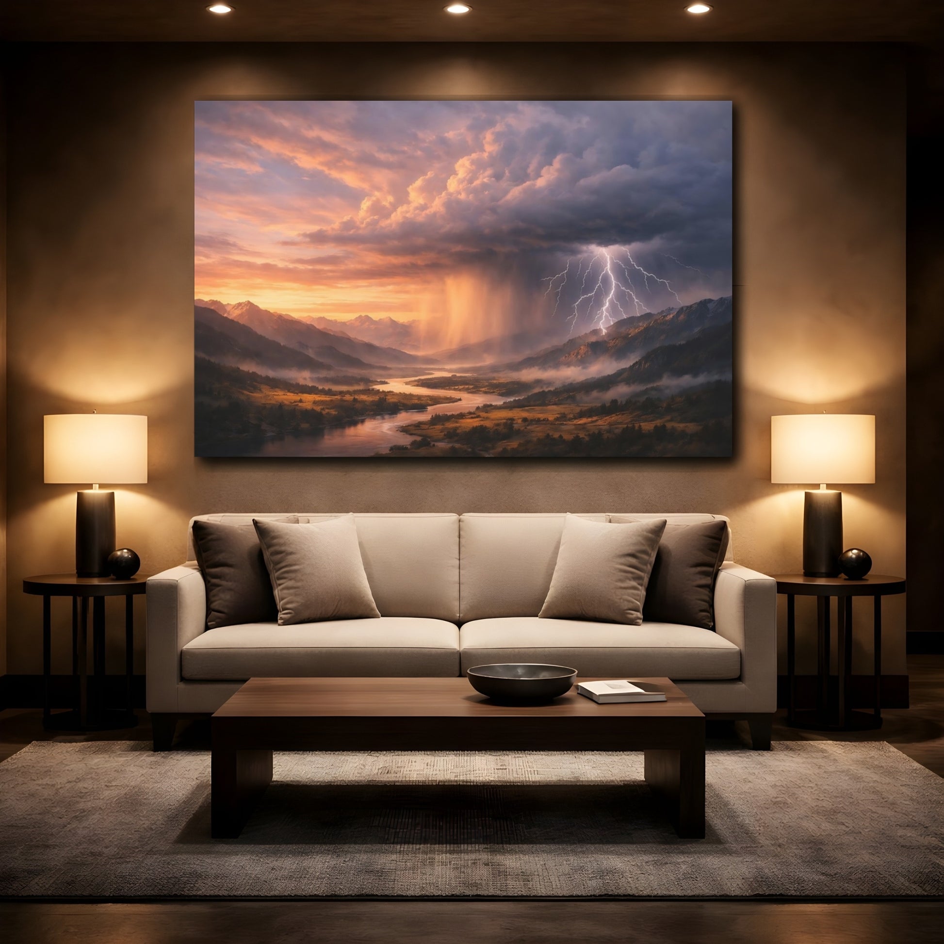 Mockup 3. Nature Mountain Storm Dramatic Storm shown as stretched canvas wall art