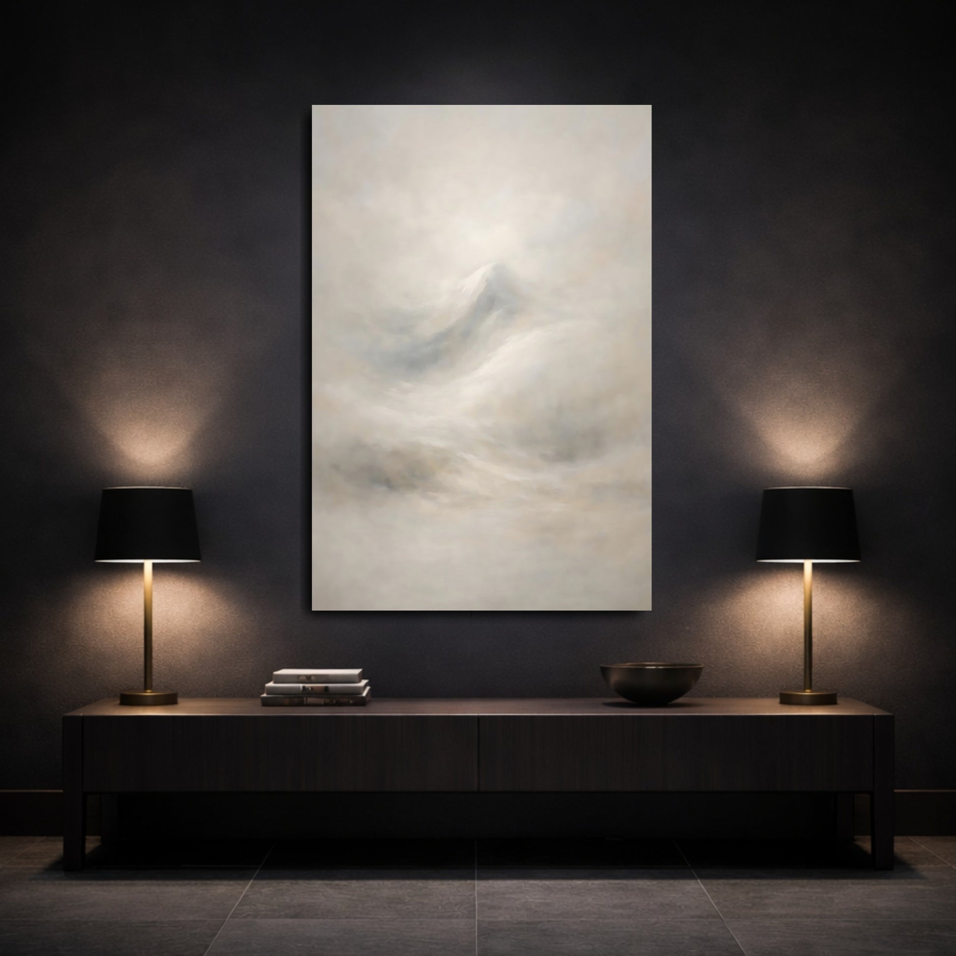 Mockup 2. Nature Mountain Subtle Mountain Fog shown as stretched canvas wall art