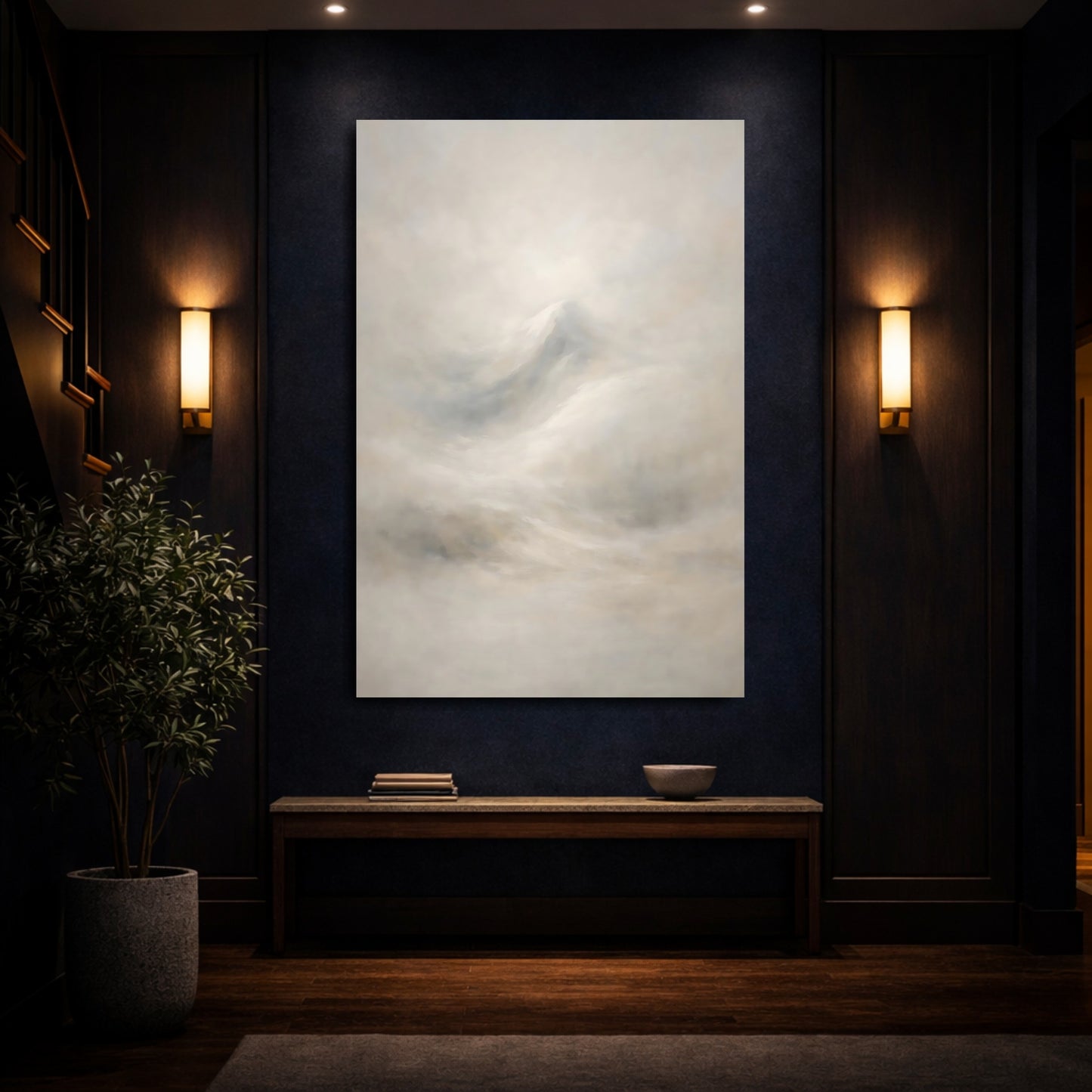 Mockup 3. Nature Mountain Subtle Mountain Fog shown as stretched canvas wall art