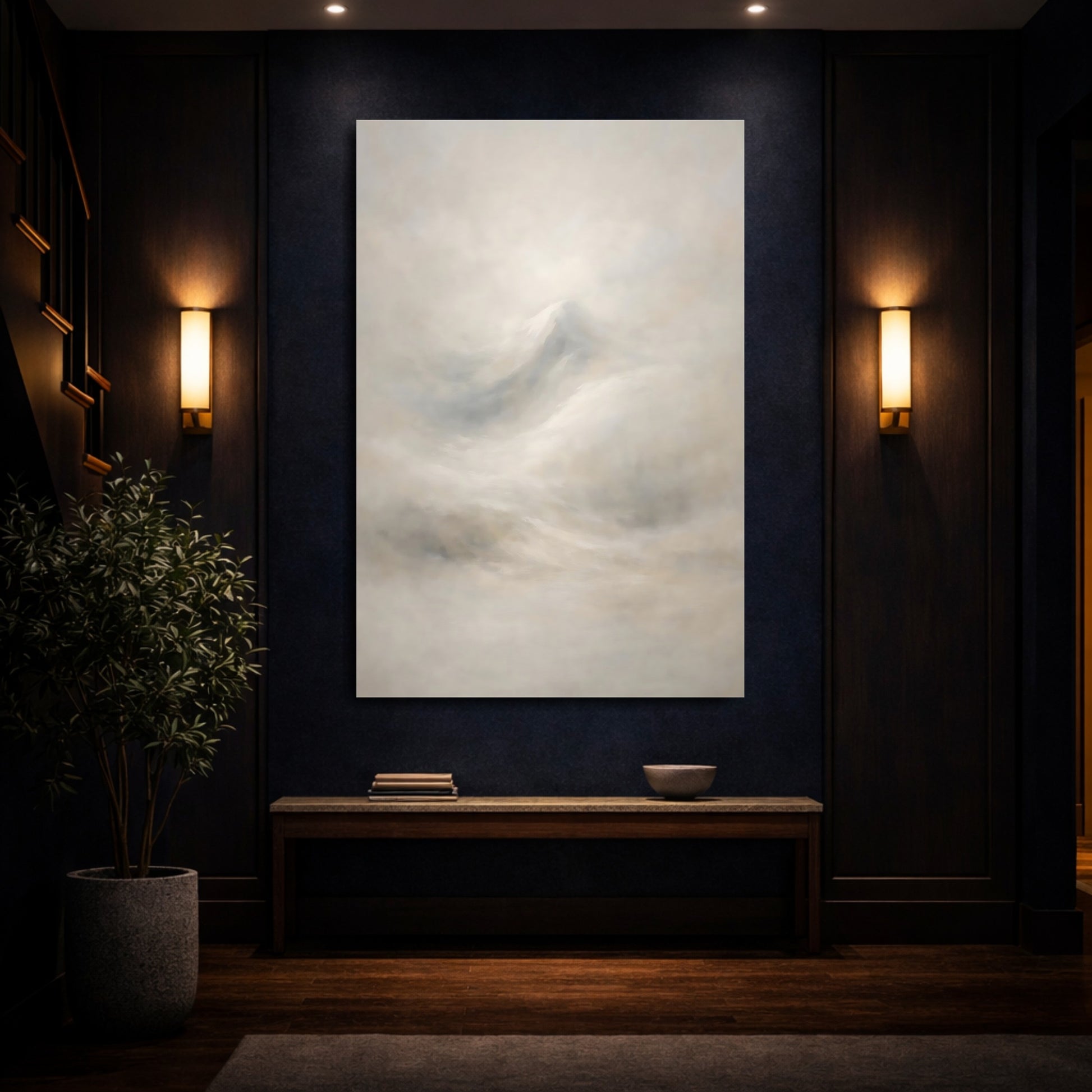 Mockup 3. Nature Mountain Subtle Mountain Fog shown as stretched canvas wall art