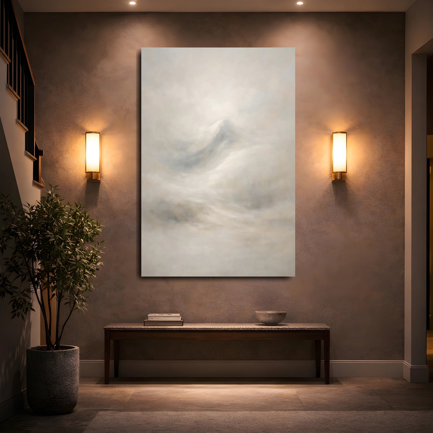 Mockup 4. Nature Mountain Subtle Mountain Fog shown as stretched canvas wall art