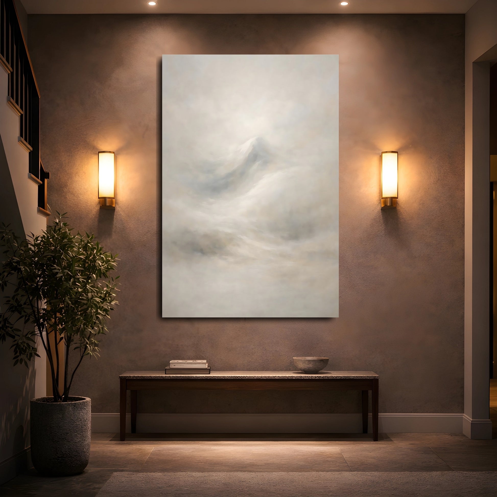 Mockup 4. Nature Mountain Subtle Mountain Fog shown as stretched canvas wall art