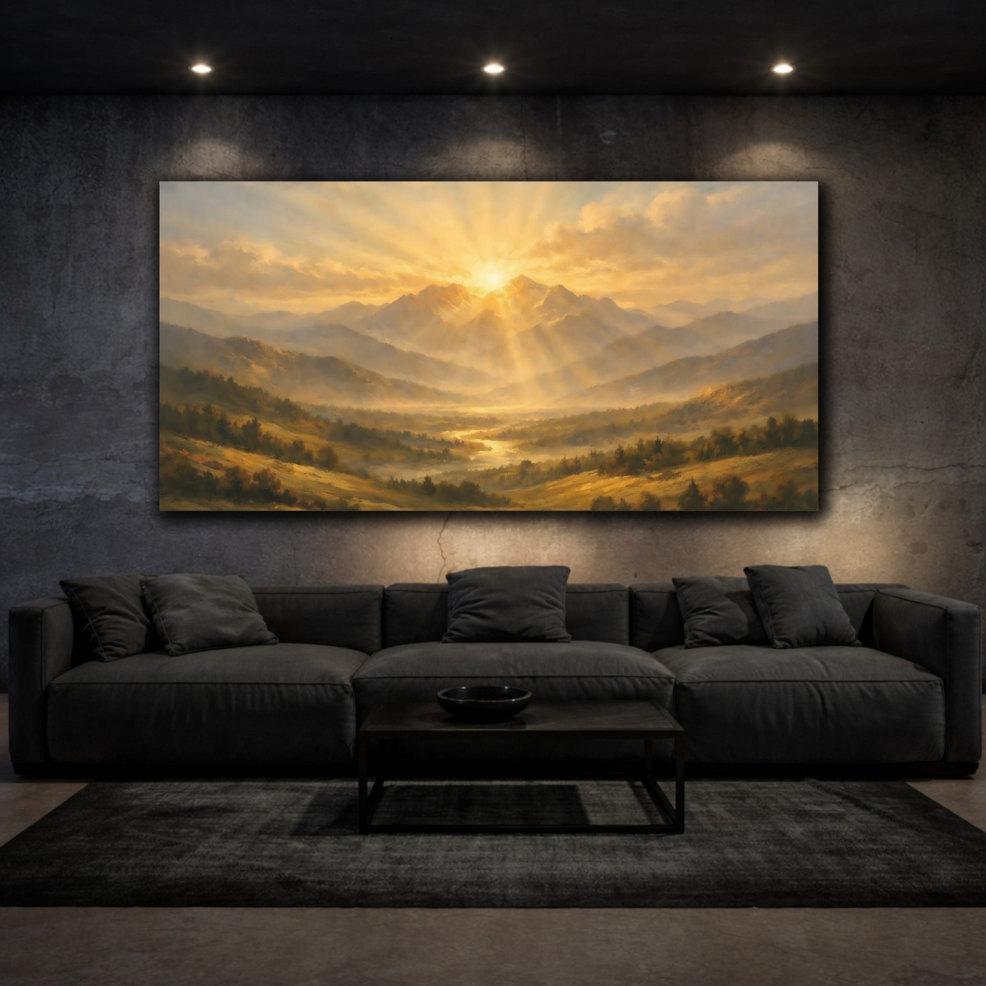 Mockup 2. Nature Mountain Sunrise Golden Valley Sunrise shown as stretched canvas wall art