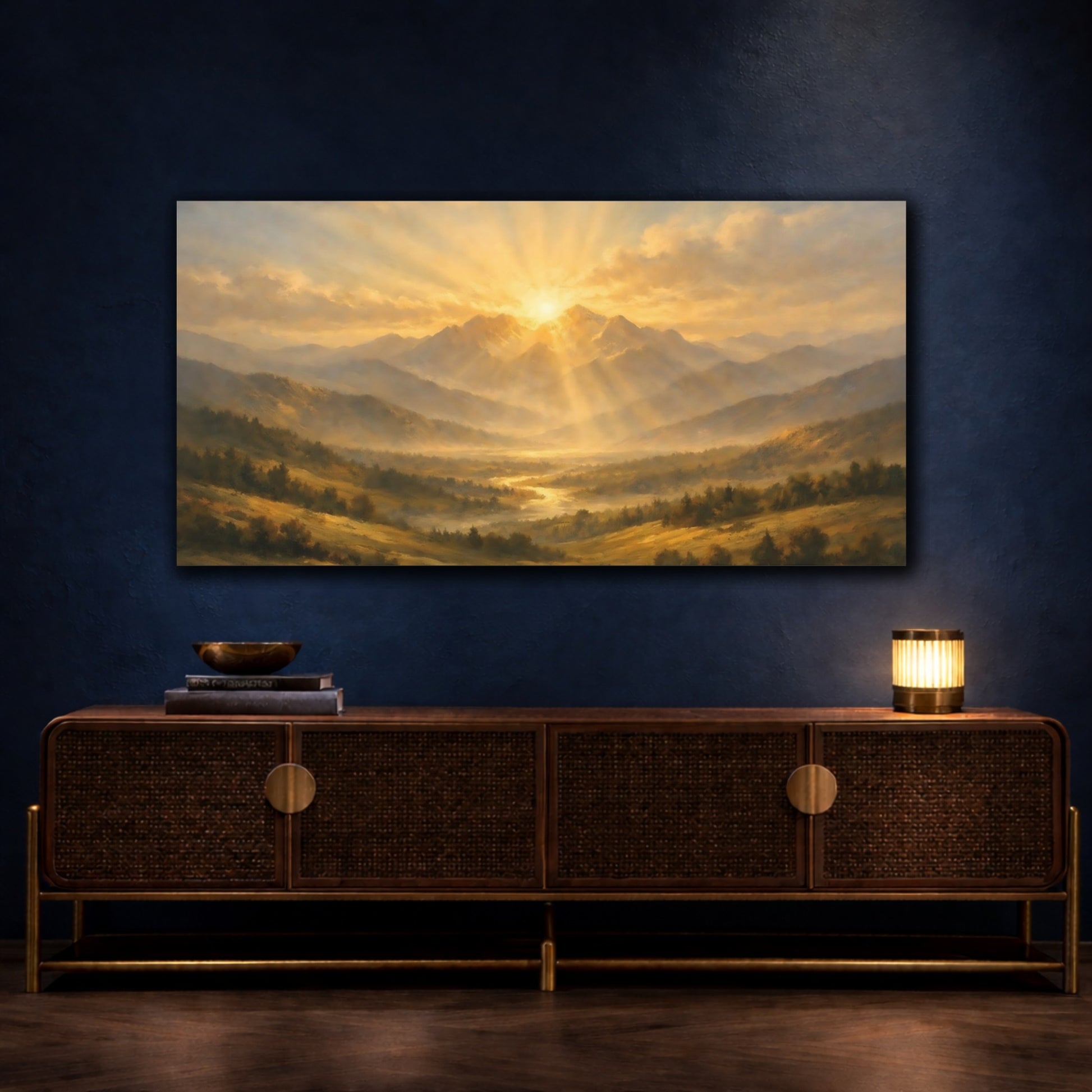Mockup 4. Nature Mountain Sunrise Golden Valley Sunrise shown as stretched canvas wall art
