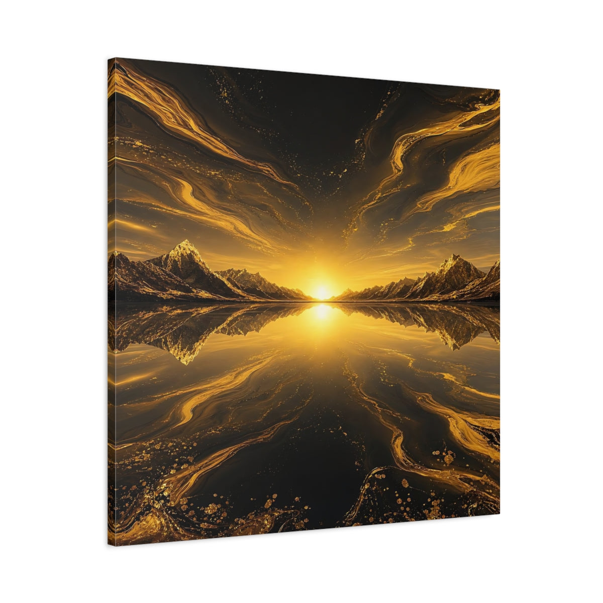 Main Mockup. Nature Mountain Sunset Golden Black Landscape shown as stretched canvas wall art