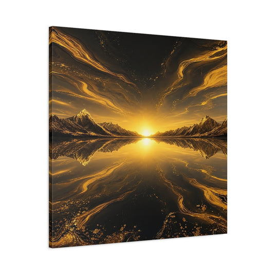Main Mockup. Nature Mountain Sunset Golden Black Landscape shown as stretched canvas wall art