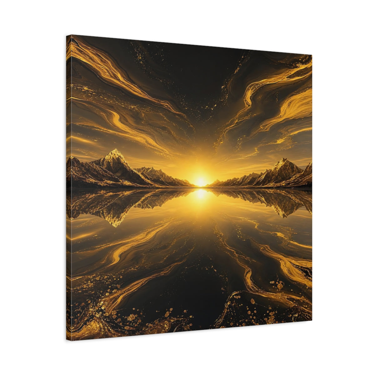 Side Mockup 3. Nature Mountain Sunset Golden Black Landscape shown as stretched canvas wall art