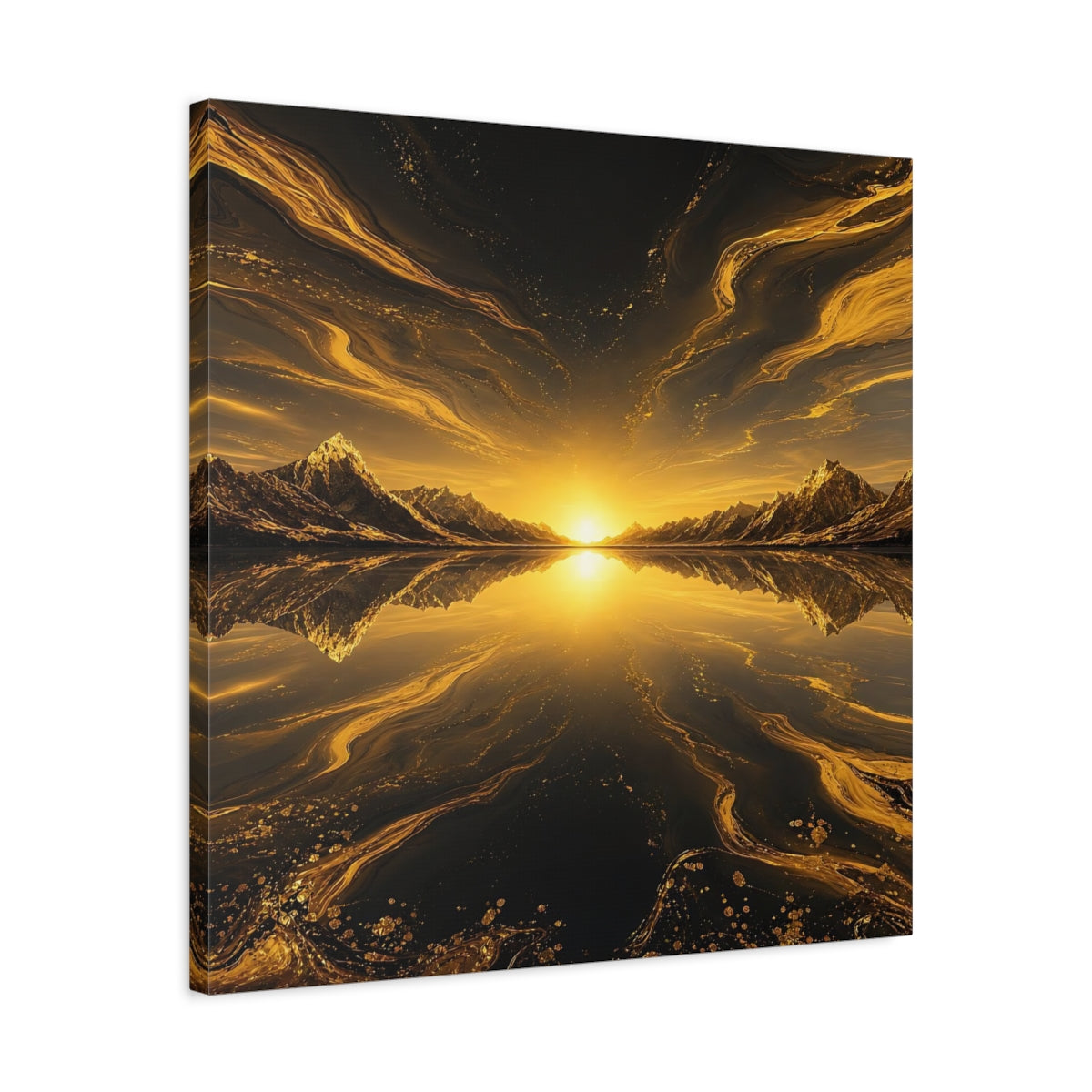 Side Mockup 4. Nature Mountain Sunset Golden Black Landscape shown as stretched canvas wall art