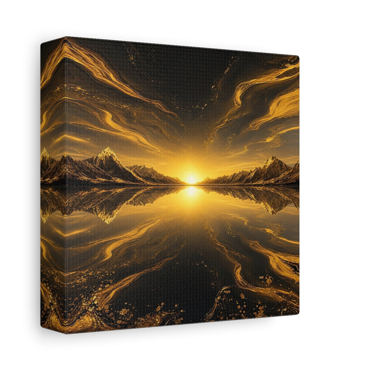 Side Mockup 2. Nature Mountain Sunset Golden Black Landscape shown as stretched canvas wall art