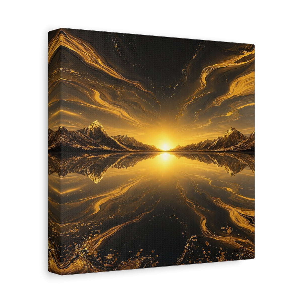 Side Mockup 9. Nature Mountain Sunset Golden Black Landscape shown as stretched canvas wall art