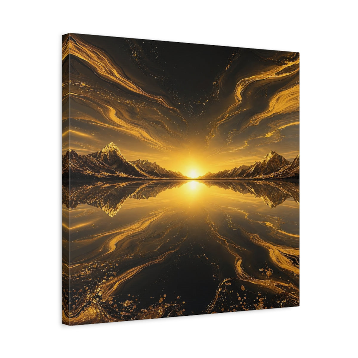 Side Mockup 5. Nature Mountain Sunset Golden Black Landscape shown as stretched canvas wall art