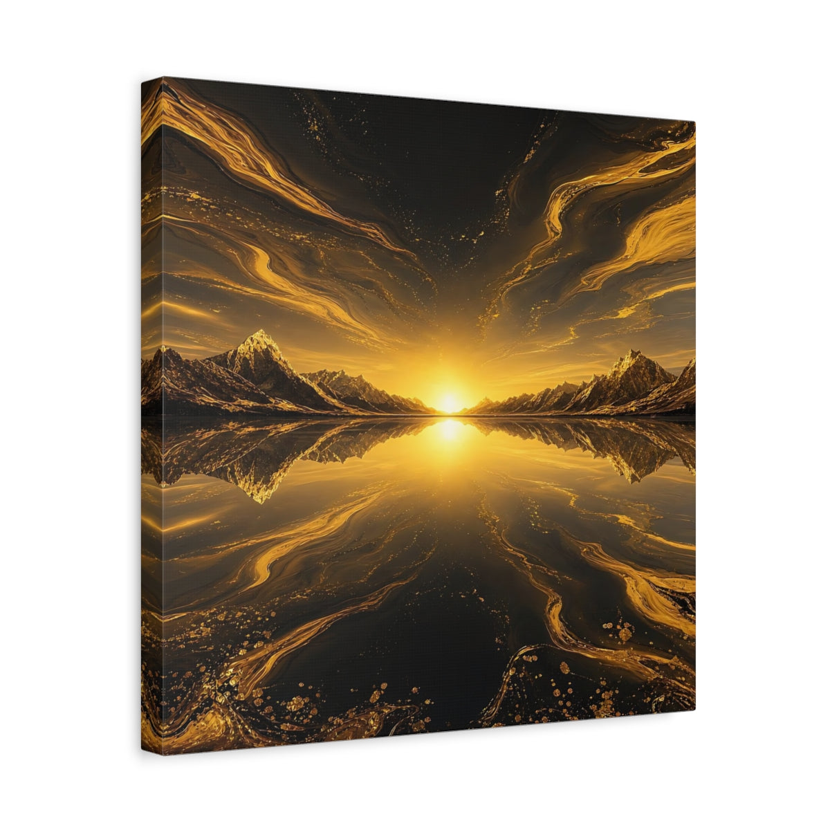 Side Mockup 6. Nature Mountain Sunset Golden Black Landscape shown as stretched canvas wall art