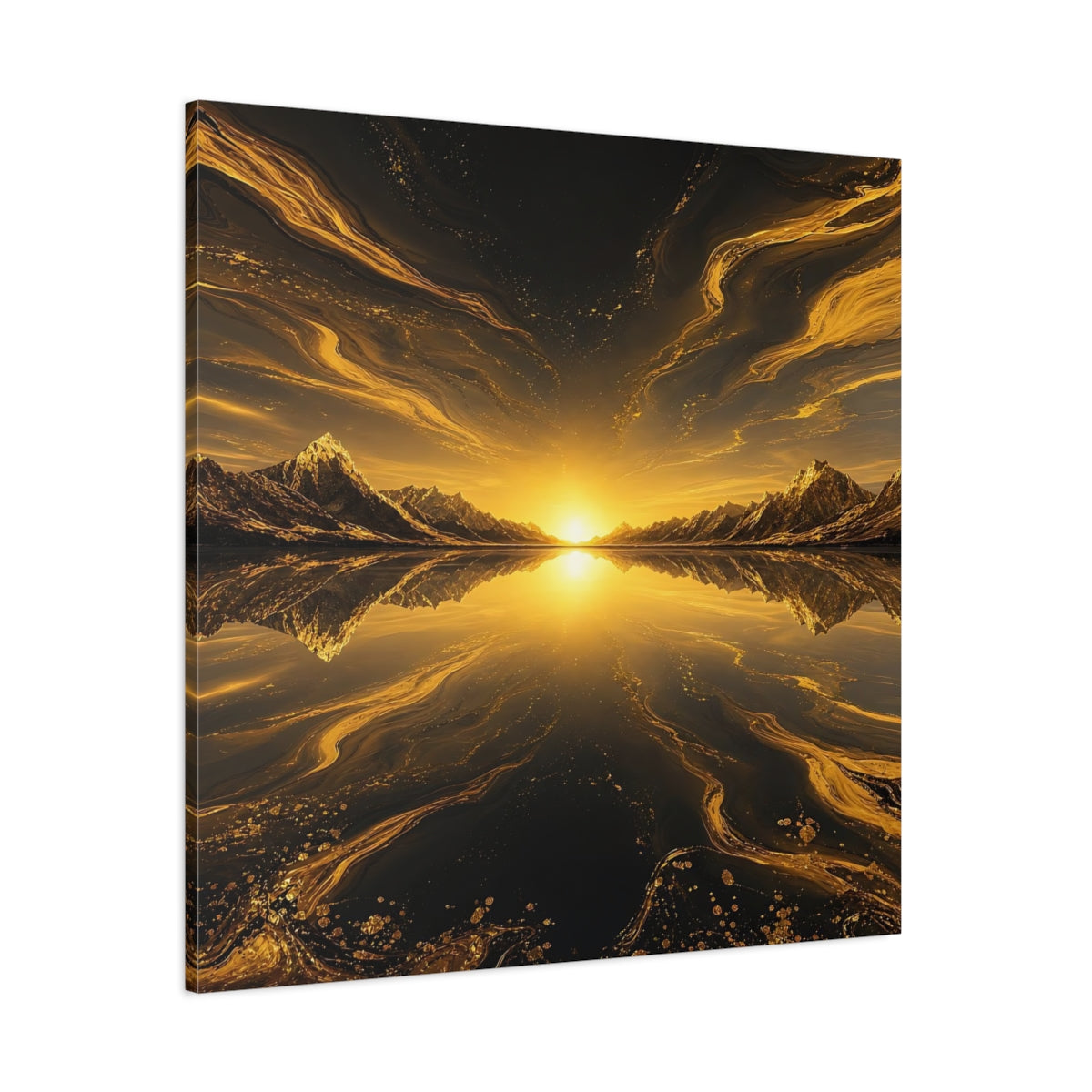 Side Mockup 1. Nature Mountain Sunset Golden Black Landscape shown as stretched canvas wall art