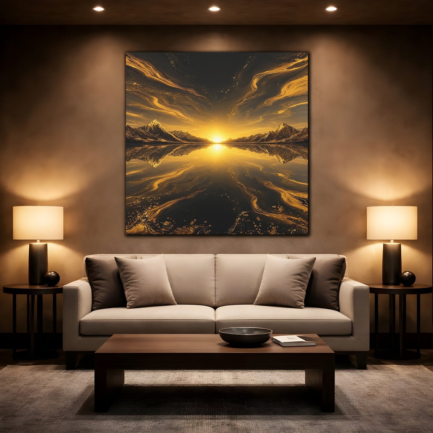 Mockup 2. Nature Mountain Sunset Golden Black Landscape shown as stretched canvas wall art