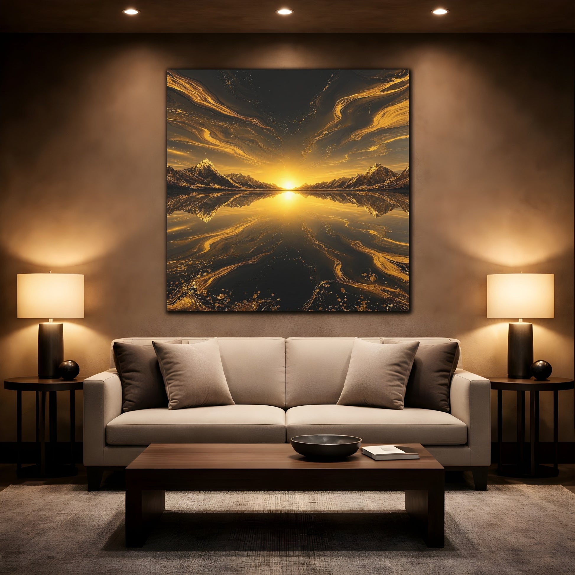 Mockup 2. Nature Mountain Sunset Golden Black Landscape shown as stretched canvas wall art