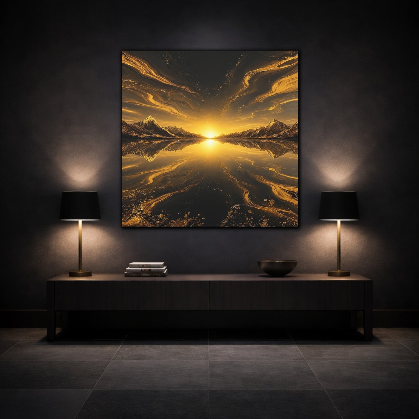 Mockup 3. Nature Mountain Sunset Golden Black Landscape shown as stretched canvas wall art