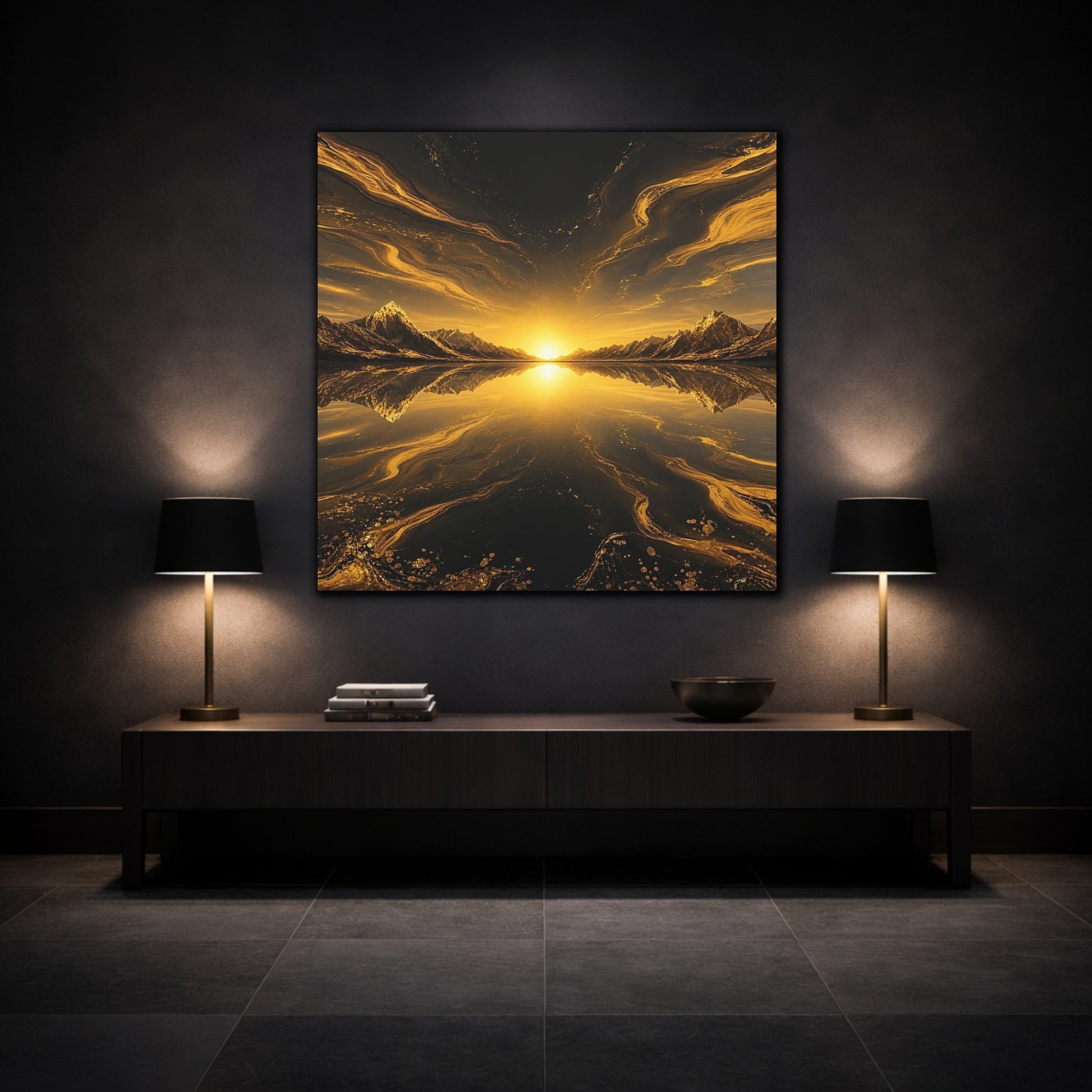 Mockup 3. Nature Mountain Sunset Golden Black Landscape shown as stretched canvas wall art
