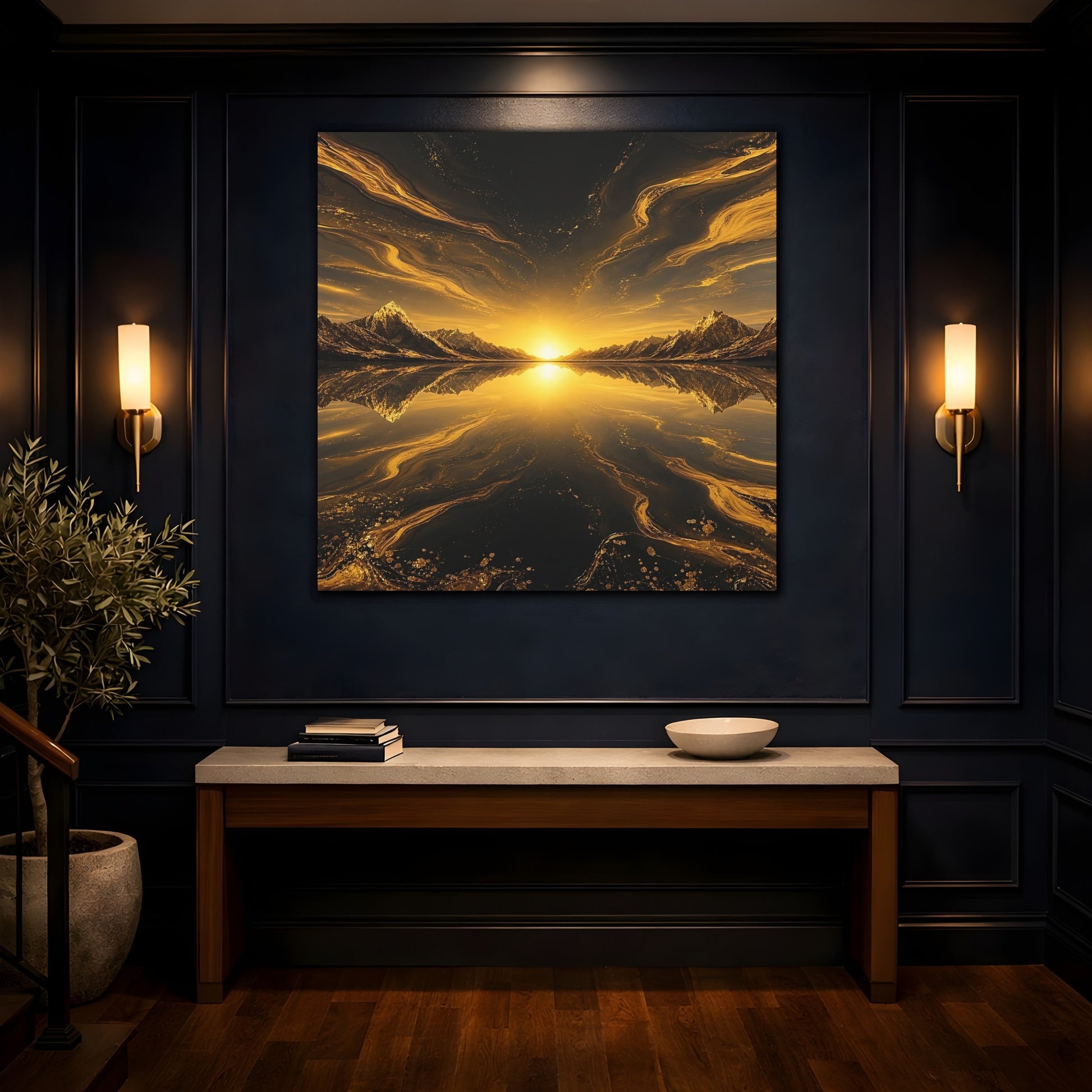Mockup 4. Nature Mountain Sunset Golden Black Landscape shown as stretched canvas wall art