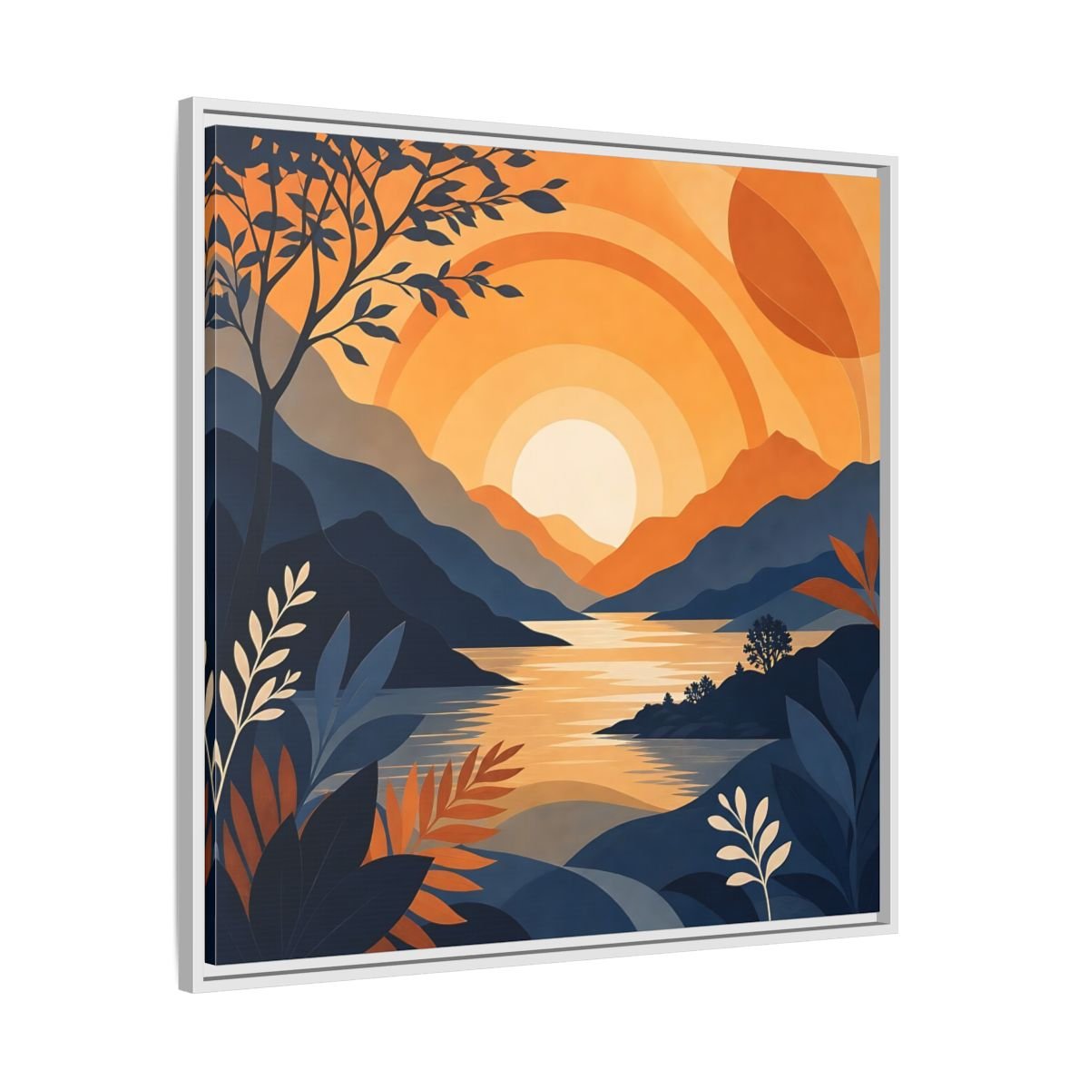 Nature Mountain Sunset Orange And Blue Framed Canvas Print – Modern Decor for Living Room, Above Console Table - YesArtYes
