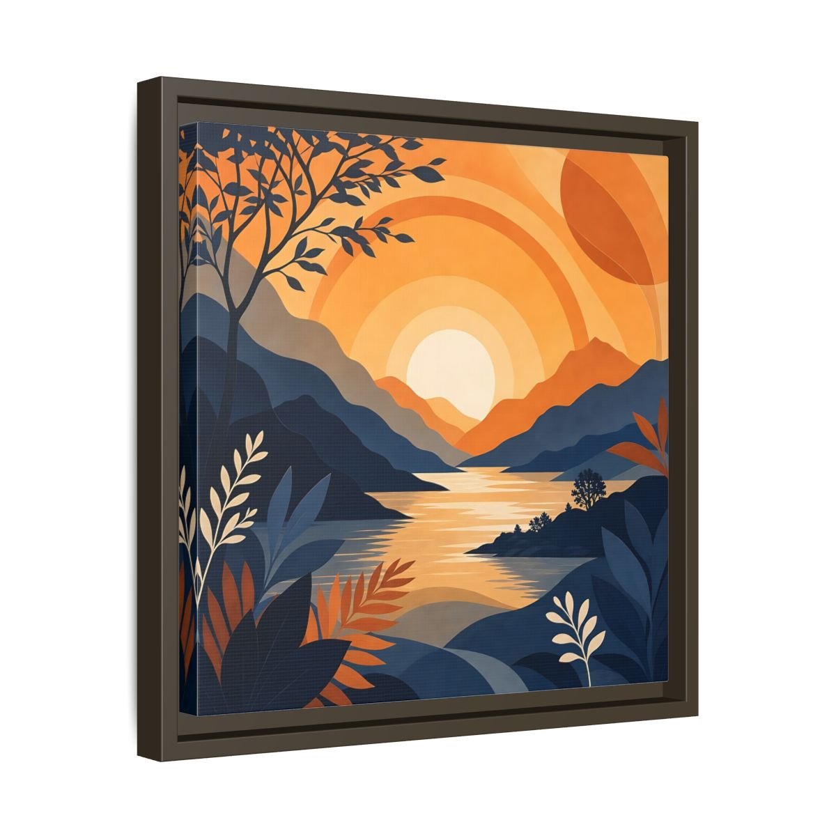 Nature Mountain Sunset Orange And Blue Framed Canvas Print – Modern Decor for Living Room, Above Console Table - YesArtYes